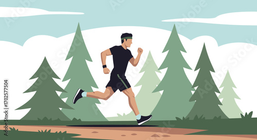 Runner Energetically Sprinting Through The Emerald Wilderness Trails During A Refreshing Morning Run