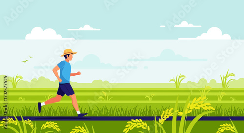 Runner Enjoying Fresh Air Near Rice Fields With Sun Hat, Scenic Nature Scene
