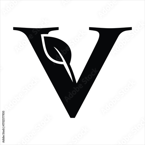 Elegant black letter v with subtle leaf accent symbolizing veganism and nature