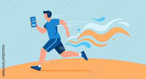 Runner Listening To Music While Monitoring Time During Exercise In Fast-Paced Motion