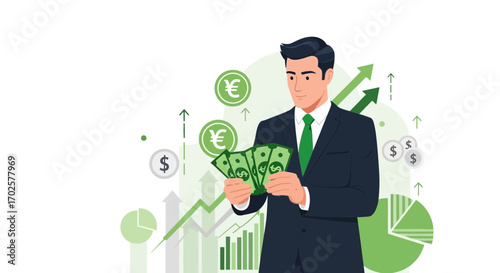 Successful Businessman Analyzing Financial Growth, Investment, and Currency Exchange Market
