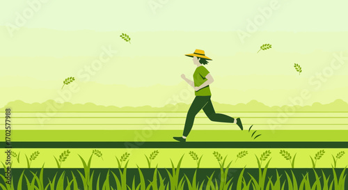 Running Enthusiast Embraces Rural Lifestyle in Serene Fields of Green, Enjoying Nature