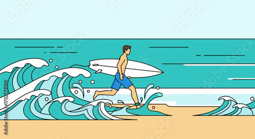 Surfer Embarking In The Ocean Waves, Vector Artwork Depicting Adventure And Action