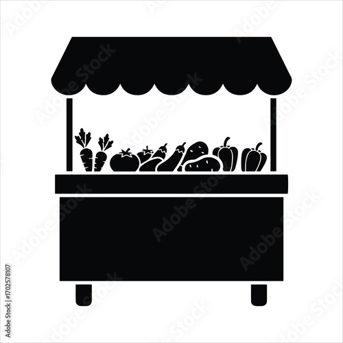Fresh produce market stall with assorted vegetables and fruits silhouette icon symbol