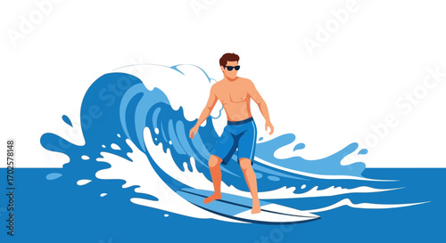 Surfer Gliding Through a Wave in the Ocean, Enjoying Thrilling Water Sport Actvity Forever