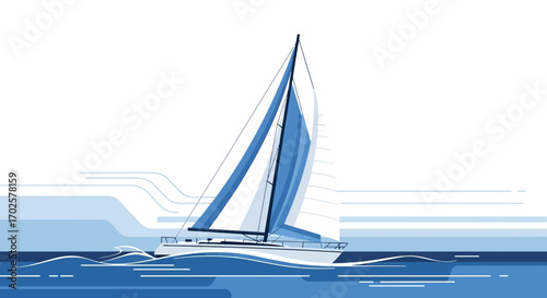 Sailing Vessel Navigating the Waters, Minimalist Nautical Illustration of the Ocean