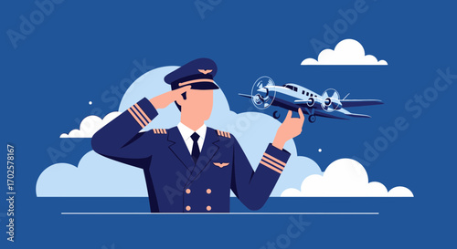 Saluting Pilot Presents A Classic Airplane Against Blue Sky Background Illustration