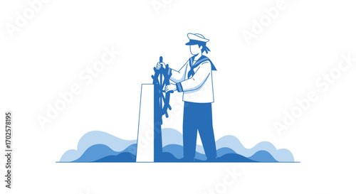 Sailor Steering Vessel Through Ocean: A Nautical Vector Illustration in Blue Tones