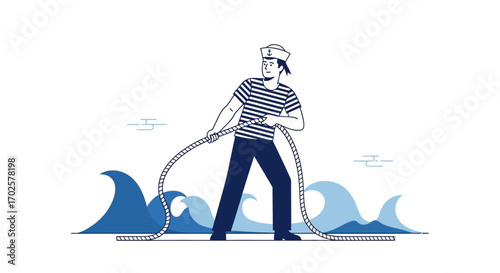 Sailor Pulling Rope Amidst Waves In A Nautical-Themed Illustration With Simplicity