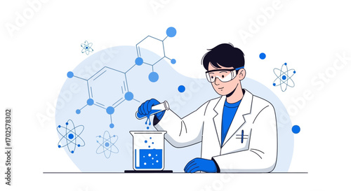 Scientist Analyzing Chemical Mixture in a Laboratory with Molecular Structures Illustrated