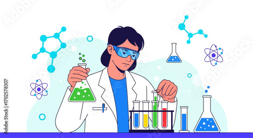 Scientist Analyzing Chemical Reactions In Laboratory In A Colorful Illustration Style