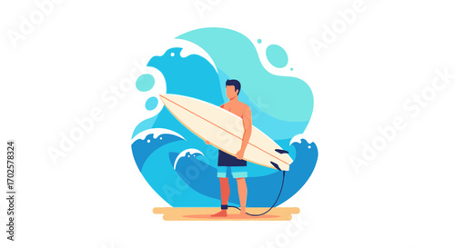 Surfer Standing With Surfboard In The Ocean With Waves Surrounding Him, Illustration
