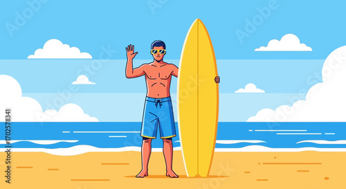 Surfer Waving On Beach With Surfboard Against Ocean And Cloudy Blue Sky