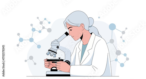 Scientist Analyzing Sample Under Microscope in Laboratory Illustration Featuring Molecular Structure