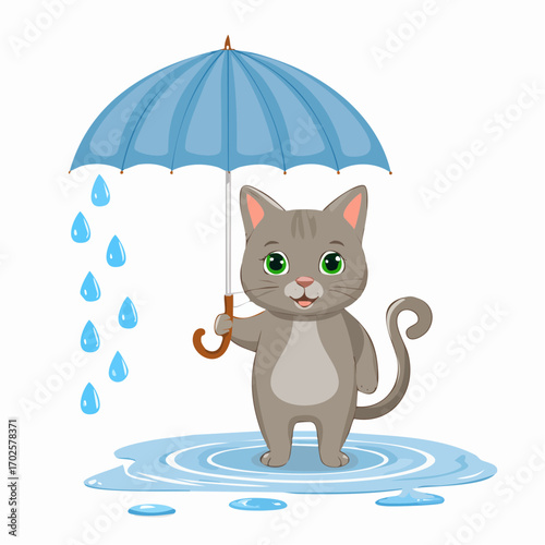 Adorable kitten shelters under blue umbrella from pouring rain, standing in a puddle