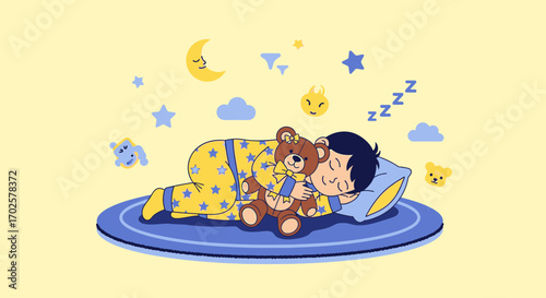 Sweet Dreams: Child Embracing Teddy Bear While Sleeping Peacefully At Bedtime