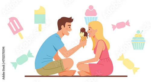 Sweet Gesture Of Sharing Ice Cream Between Young Couple Creates Joyful Moment