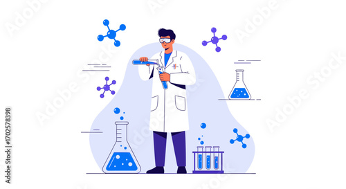 Scientist Conducting Experiment With Beakers And Complex Molecular Chemical Structures