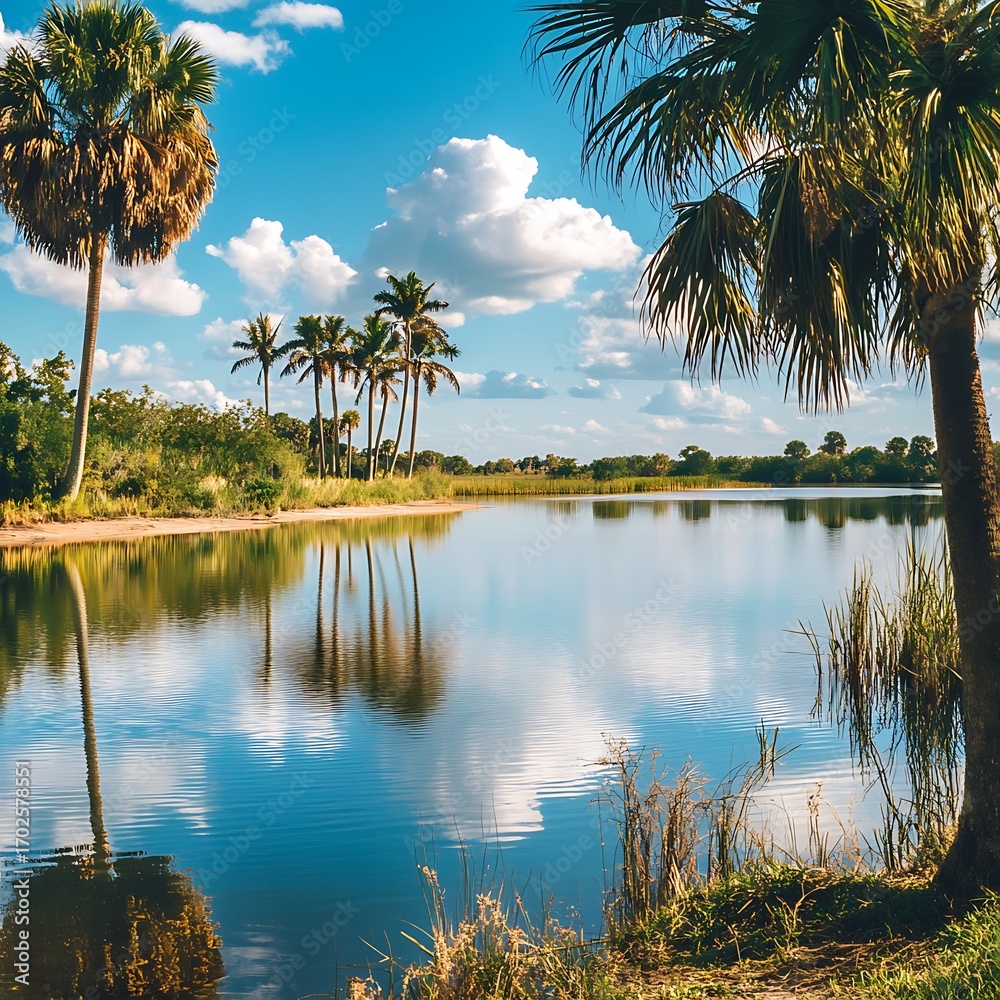 Obraz premium Paradise island landscape with palm treeas sndy shore and sea picture
