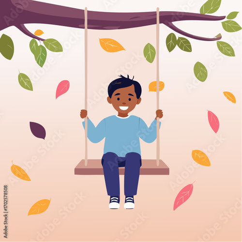 Joyful child swings high amidst falling autumn leaves, embracing carefree outdoor fun