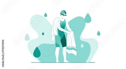 Swimmer Standing with Towel After A Workout Done In Modern Abstract Style