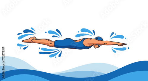 Swimming Athlete Illustrated with Water Splashes Depicting Forward Underwater Movement