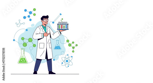 Scientist Demonstrating Chemical Analysis Results With Molecular Structures Laboratory Illustration