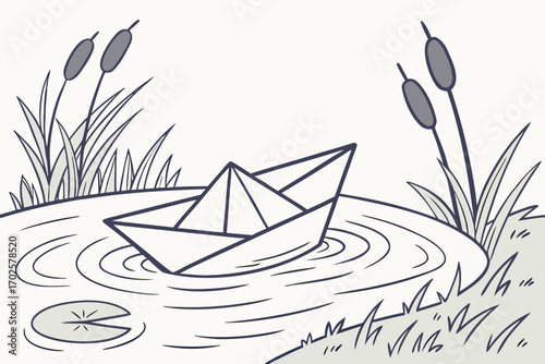 Vector art of a black and white drawing of a paper boat floating on a calm pond surrounded by reeds and a lily pad, creating a peaceful and minimalist scene