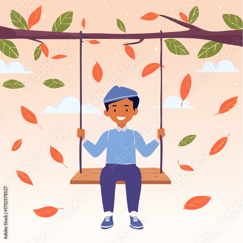 Joyful child swinging happily amidst falling autumn leaves and gentle clouds