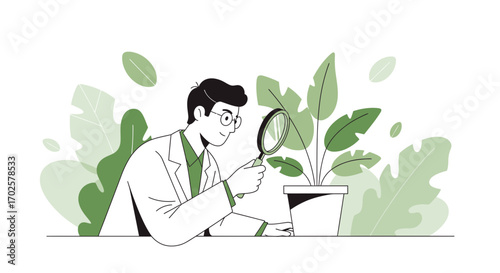 Scientist Examining Plant with Magnifying Glass in Botanical Garden Illustration