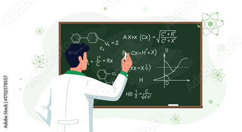 Scientist Explaining Complex Equations on Blackboard for Educational Concepts