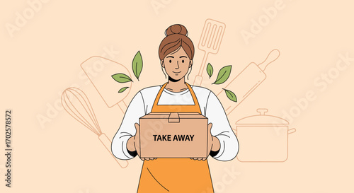 Take Away Meal Delivery Culinary Chef Holding Food Package With Kitchen Utensils Illustrated