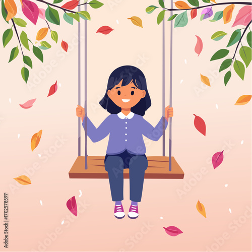 Joyful child swinging under colorful autumn leaves, experiencing pure childhood happiness and freedom