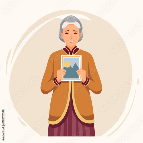 Joyful elder woman proudly displays artwork featuring serene mountain landscape and golden sun