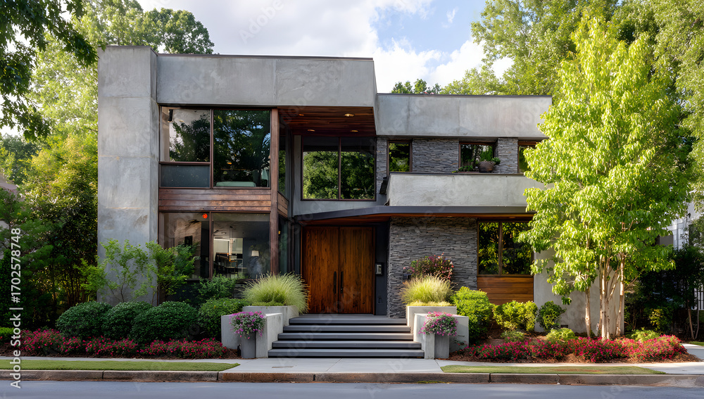 Fototapeta premium Minimalist Modern Concrete and Wood Home with Contemporary Design 