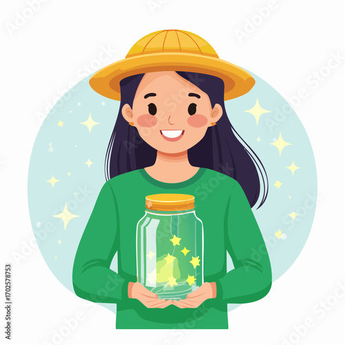 Joyful girl with straw hat captures glowing fireflies in a glass jar, spreading summer magic and wonder