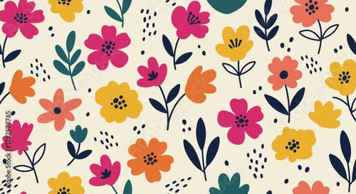 Bright floral pattern with pink, yellow, and orange flowers and green leaves on a light background, creating a cheerful and vibrant design isolated on white background
