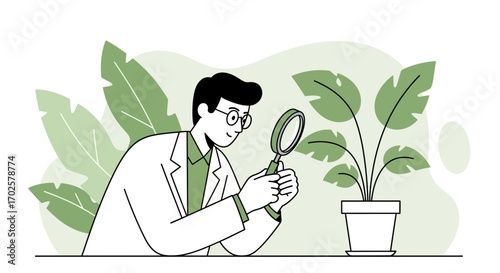 Scientist Investigating Plant Growth With Magnifying Glass Focusing On Plant Biology