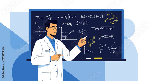 Scientist Presenting Scientific Theories And Formulas On Blackboard In Class