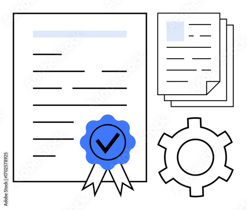 Certified document featuring a blue approval badge, stacked papers, and a gear icon. Ideal for workflow optimization, official approval, certification, quality assurance, process management