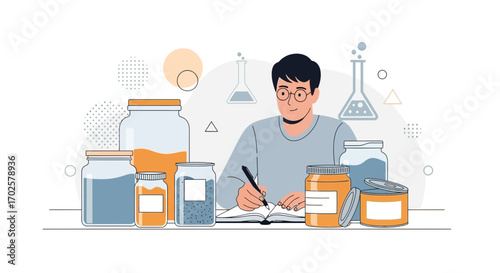 Scientist Studying Ingredients And Formulas In Laboratory Surrounded With Chemical Bottles