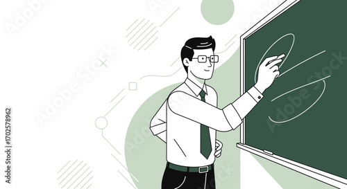 Teacher Explaining Concept with Chalk on Blackboard, Education Illustration in Minimalist Style