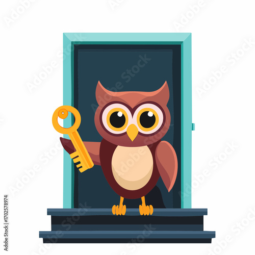 Wise owl holding golden key offers access to opportunity and new beginnings