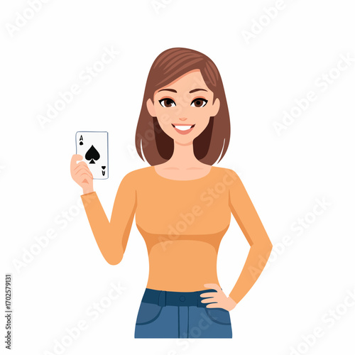 Confident woman holding ace of spades card with winning smile, celebrating good fortune and luck