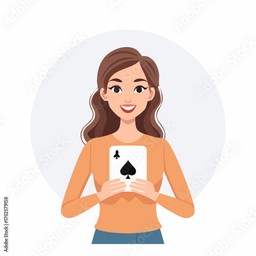 Confident woman proudly holds ace of spades, a symbol of luck and strategy, ready for any game.