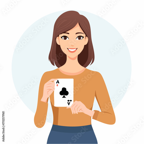 Excited woman revealing ace of clubs playing card, perfect for casino or game promotions