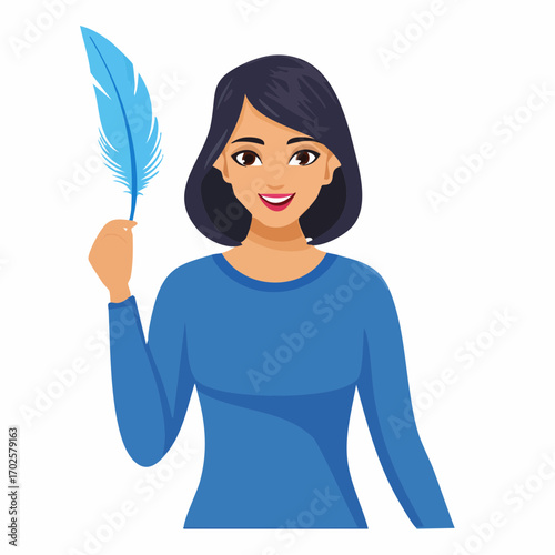 Creative woman holding a blue quill pen, inspiring ideas for writing and storytelling projects