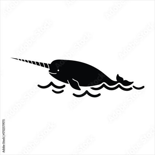 Mystical narwhal unicorn of the sea in stylized silhouette with wavy water elements