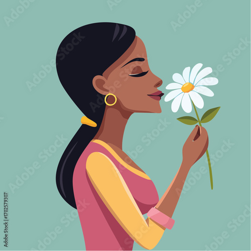 Serene woman inhaling the delicate fragrance of a blooming daisy, finding peace and joy in nature's simple beauty