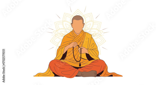 Serene Buddhist Monk Meditating in Lotus Position with Prayer Beads and Mandala